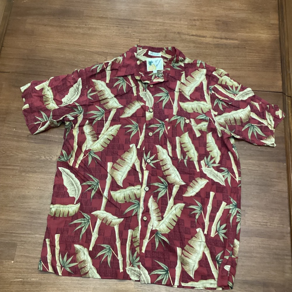 Ron Chereskin Mens Large Rayon Hawaiian Shirt Burgundy Bamboo Tropical Print